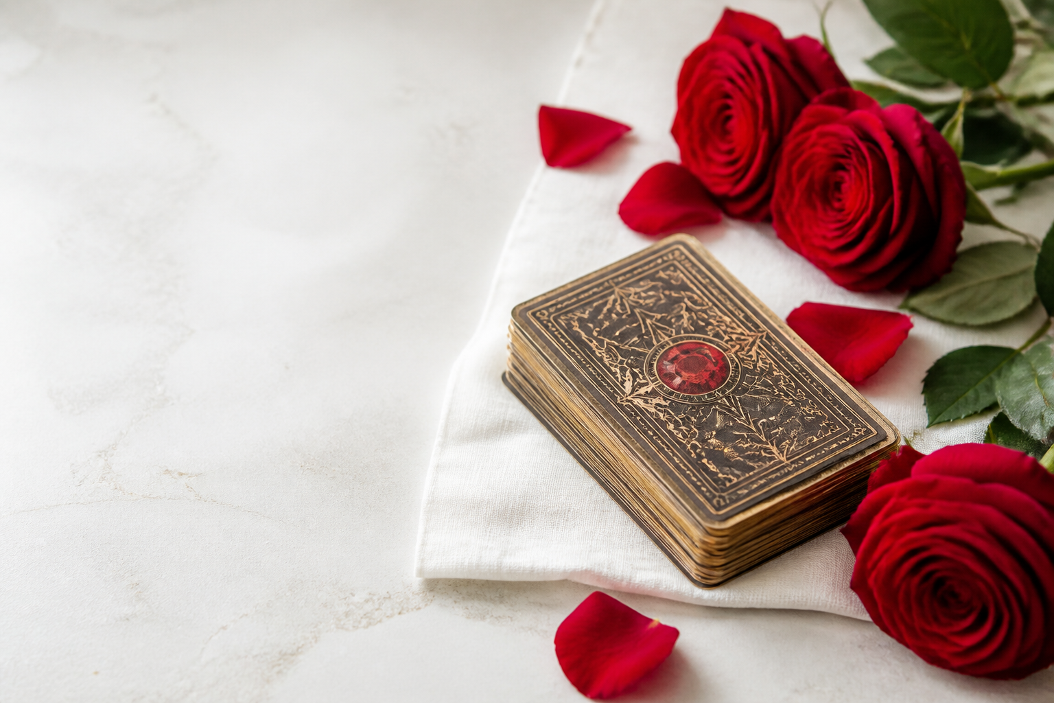Cartas de tarot y rosas rojas